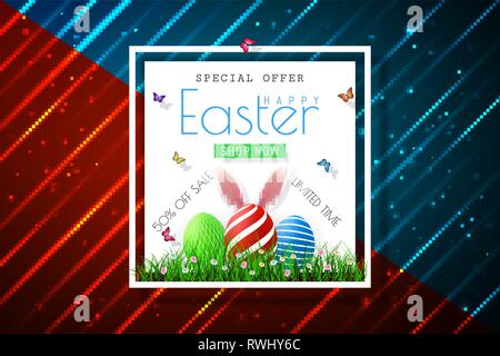 Happy Easter sale banners with realistic Easter rabbir`s ears, vector. Stock Vector